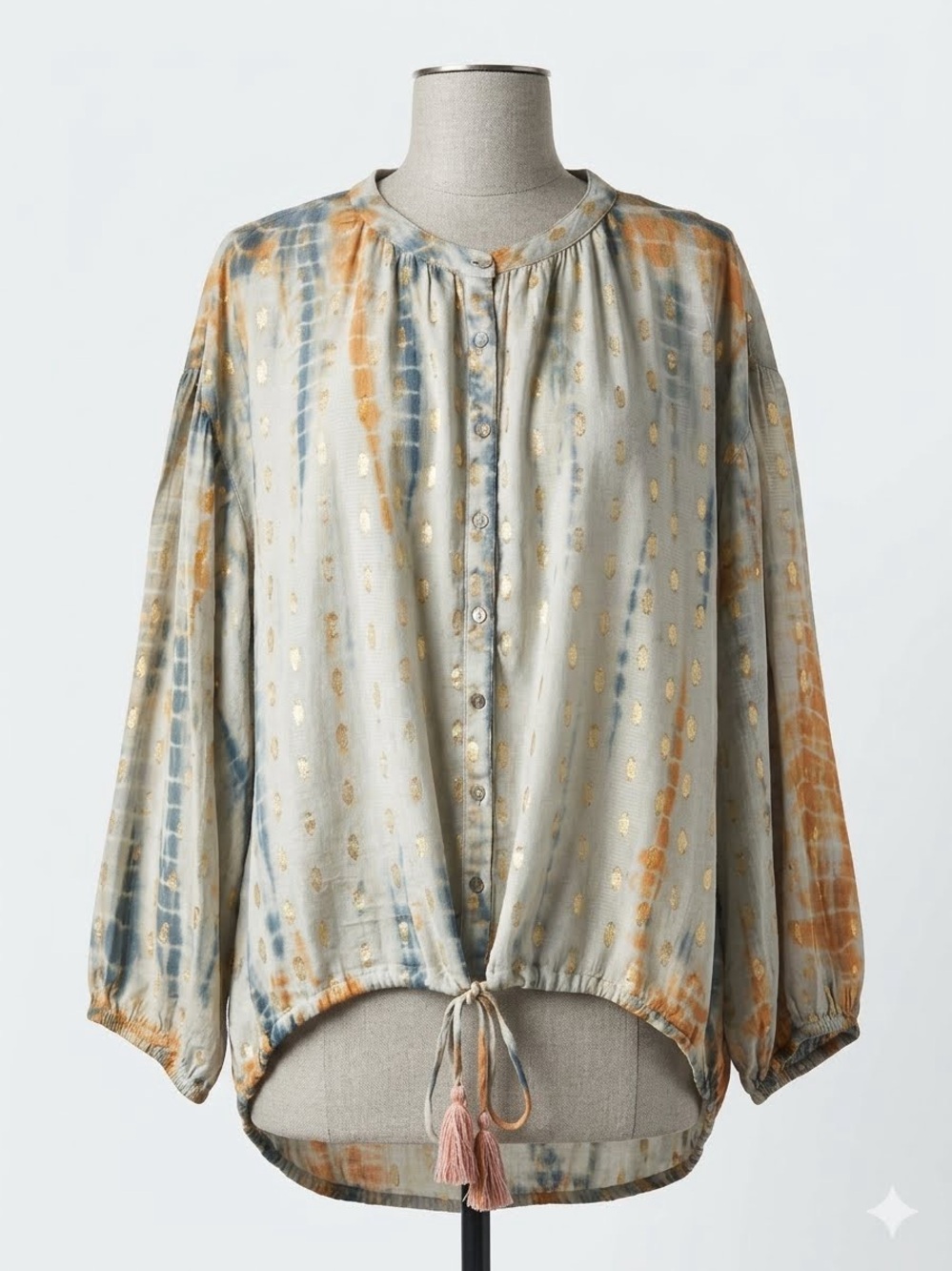 lovestitch Sage Green and Rust Button-Up Blouse with Metallic Accents, Size M